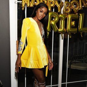 Yellow Velour/Velvet Dress w/ Slit, Mesh Side w/ Jeweled Chest Piece
